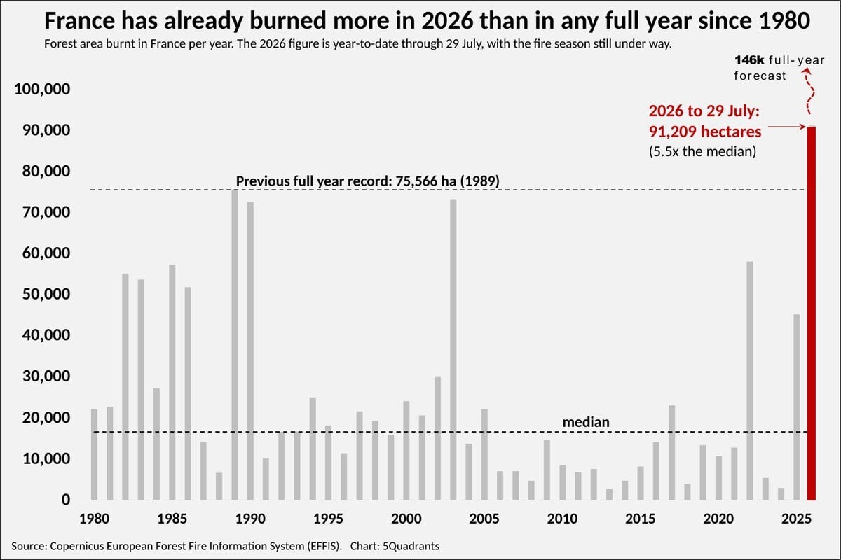 Forest area burnt in France per year since 1980; 2026 year-to-date is 91,209 hectares against the previous full-year record of 75,566 in 1989