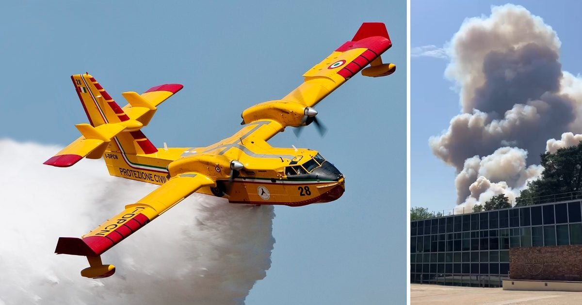 A de Havilland super scooper refilling over a lake in Northern Italy, beside the INSEAD campus in Fontainebleau